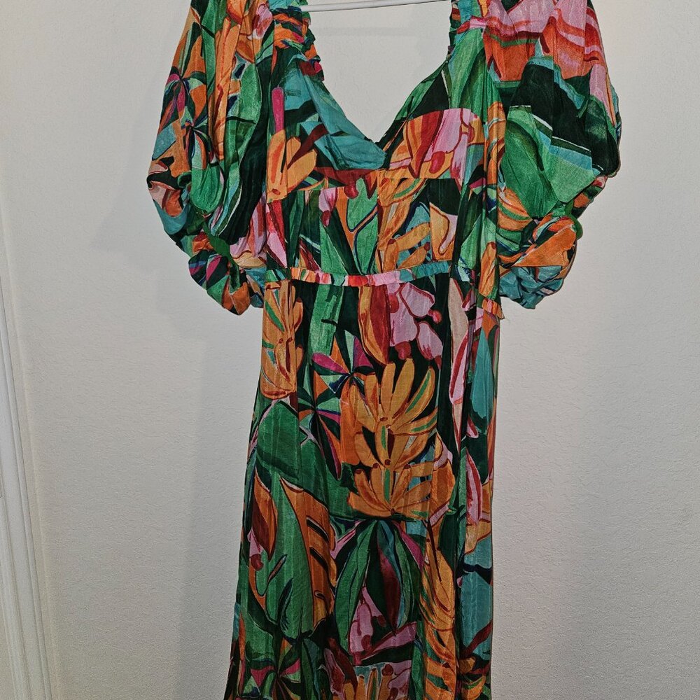 FARM Rio Green Tropical Print Midi Dress with Orange & Pink Accents - Picture 11 of 13